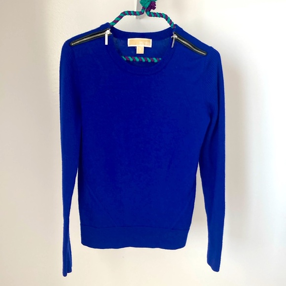 Michael Kors Blue sweater with leather shoulder zippers. - Picture 1 of 3